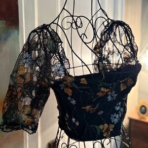 Black Floral Embroidered Mesh Corset Top – Size S (Bust-Friendly Fit)